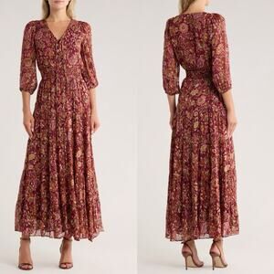 Halogen Lace-Up Front Tiered Maxi Dress Long Sleeve Gold Floral Romantic Sz XXL